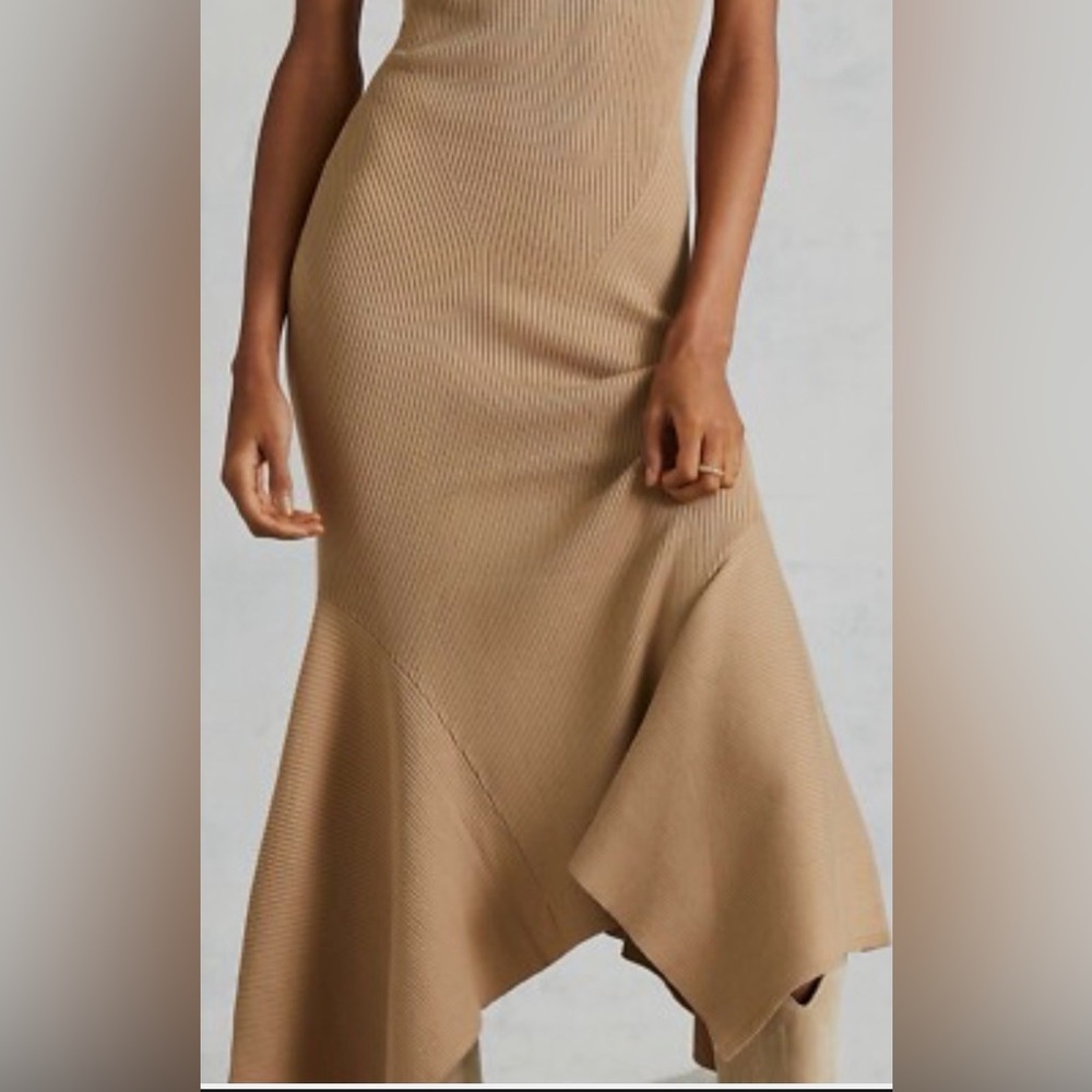 Sleeveless High-Neck Asymmetric Midi Dress in Camel - Picture 2 of 9